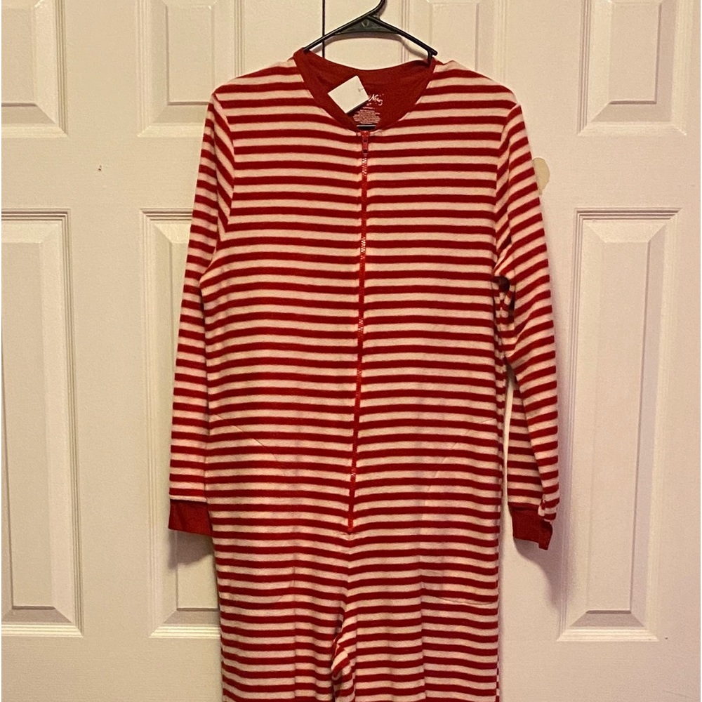 Nick and Nora One Piece Footsie Pajamas Red and White Striped Sock Monkey Feet
